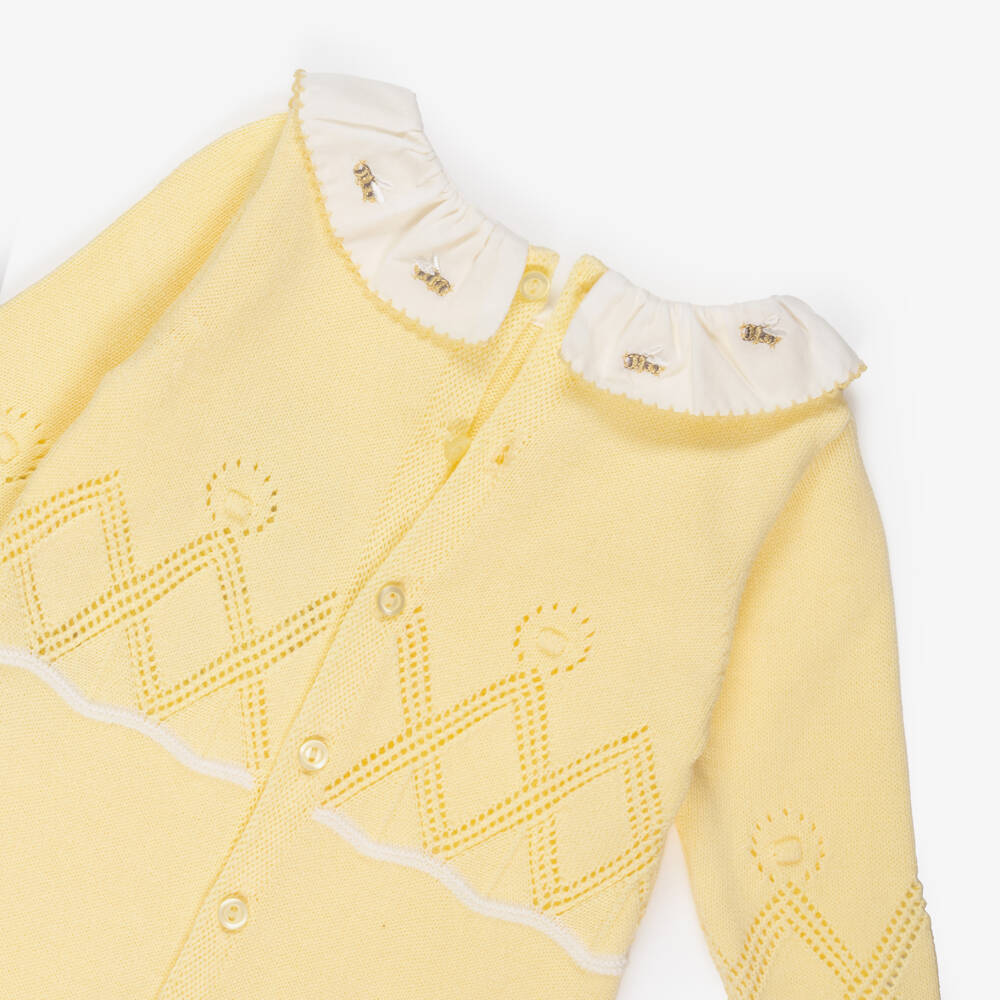 Dr. Kid-Girls Yellow Cotton Knit Babygrow with Ruffled Bee Collar | Childrensalon