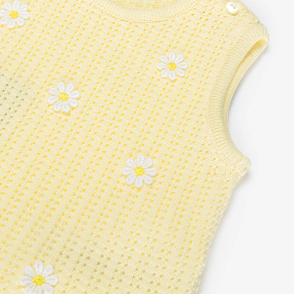 Dr. Kid-Girls Yellow Cotton Lacy Knit Top with Daisies | Childrensalon