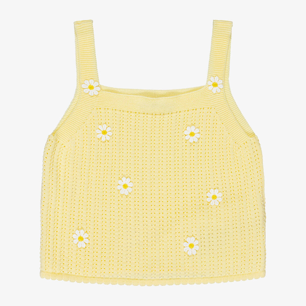 Dr. Kid-Girls Yellow Lacy Knit Strappy Top with Daisies | Childrensalon