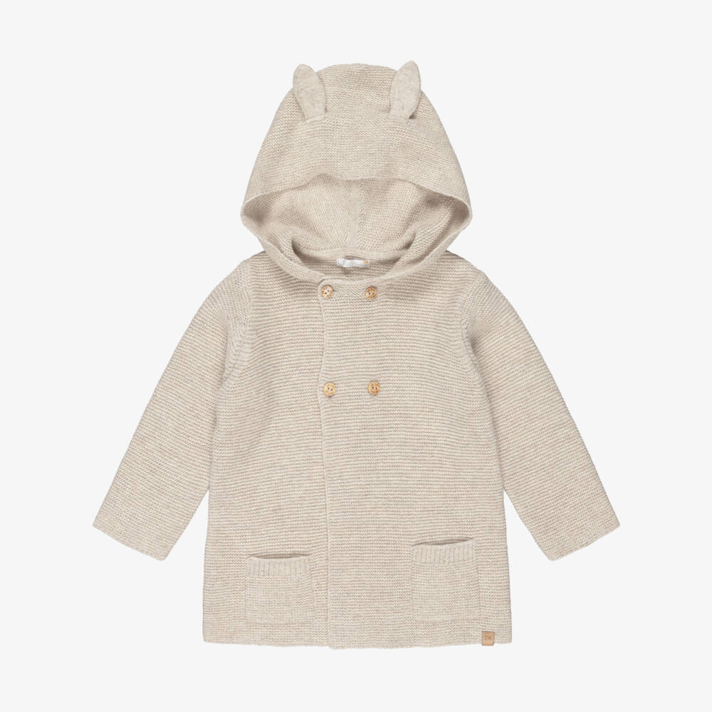 Dr. Kid-Hooded Beige Knitted Pram Coat with Ears | Childrensalon