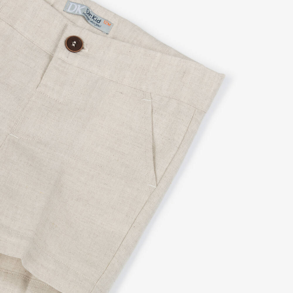 Dr. Kid-Junior Boys Beige Linen & Cotton Buttoned Shorts | Childrensalon