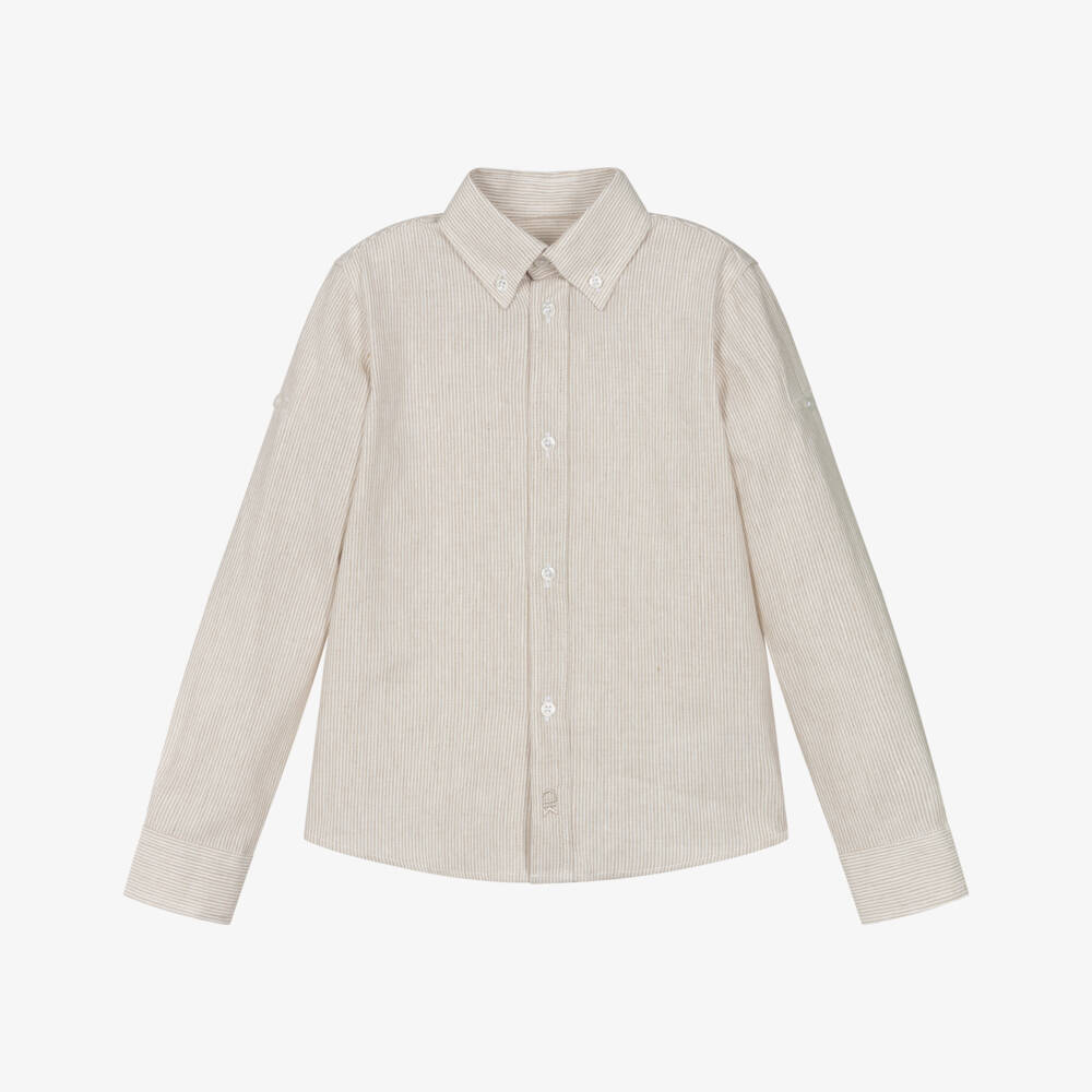 Dr. Kid-Junior Boys Cotton & Linen Beige Striped Shirt | Childrensalon