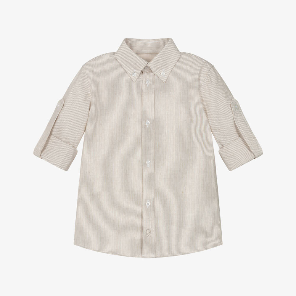 Dr. Kid-Junior Boys Cotton & Linen Beige Striped Shirt | Childrensalon