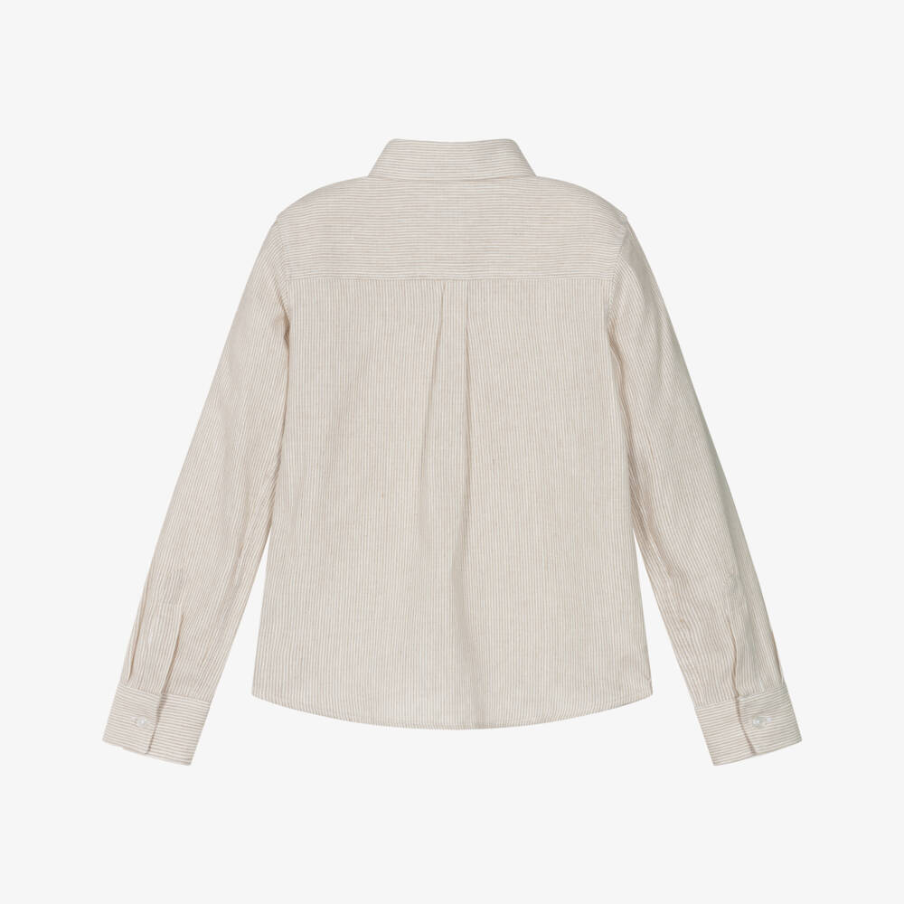 Dr. Kid-Junior Boys Cotton & Linen Beige Striped Shirt | Childrensalon