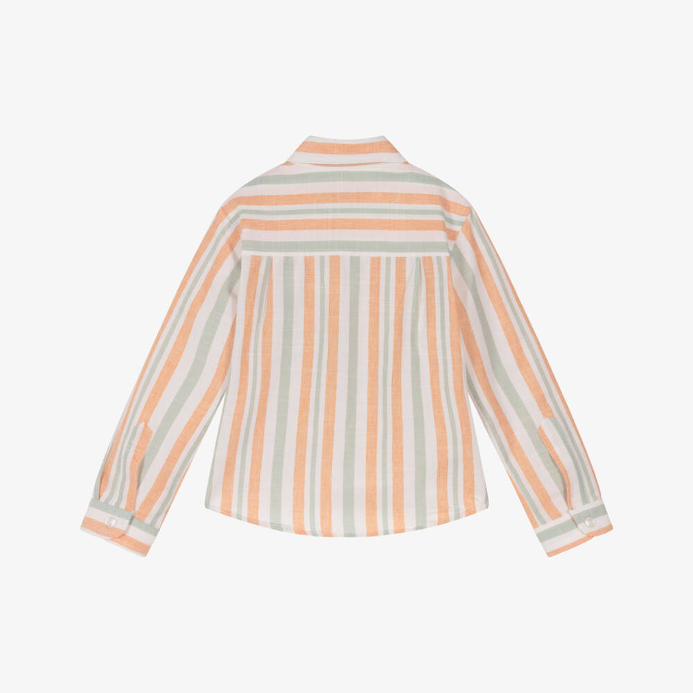 Dr. Kid-Junior Boys Orange & Green Striped Cotton Shirt | Childrensalon