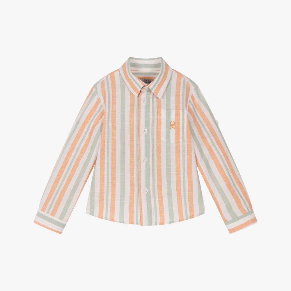 Dr. Kid-Junior Boys Orange & Green Striped Cotton Shirt | Childrensalon