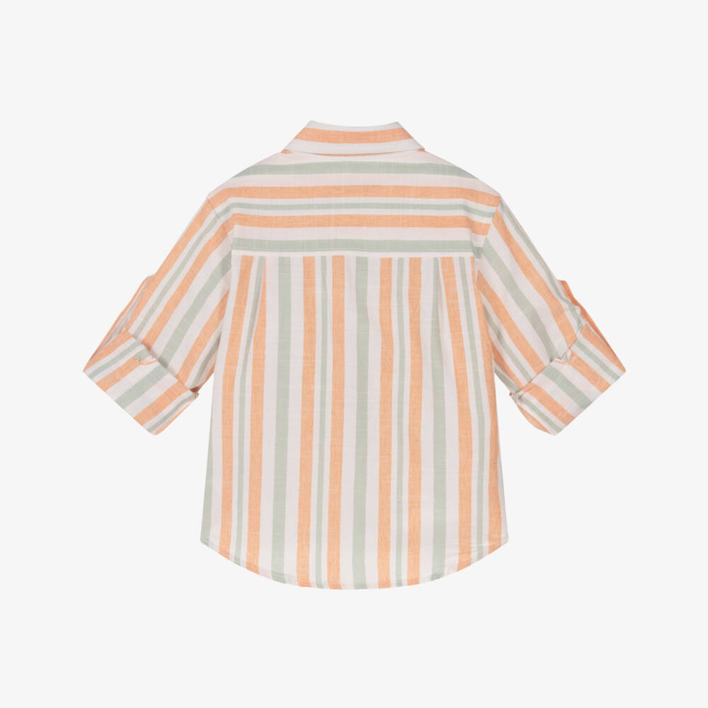 Dr. Kid-Junior Boys Orange & Green Striped Cotton Shirt | Childrensalon