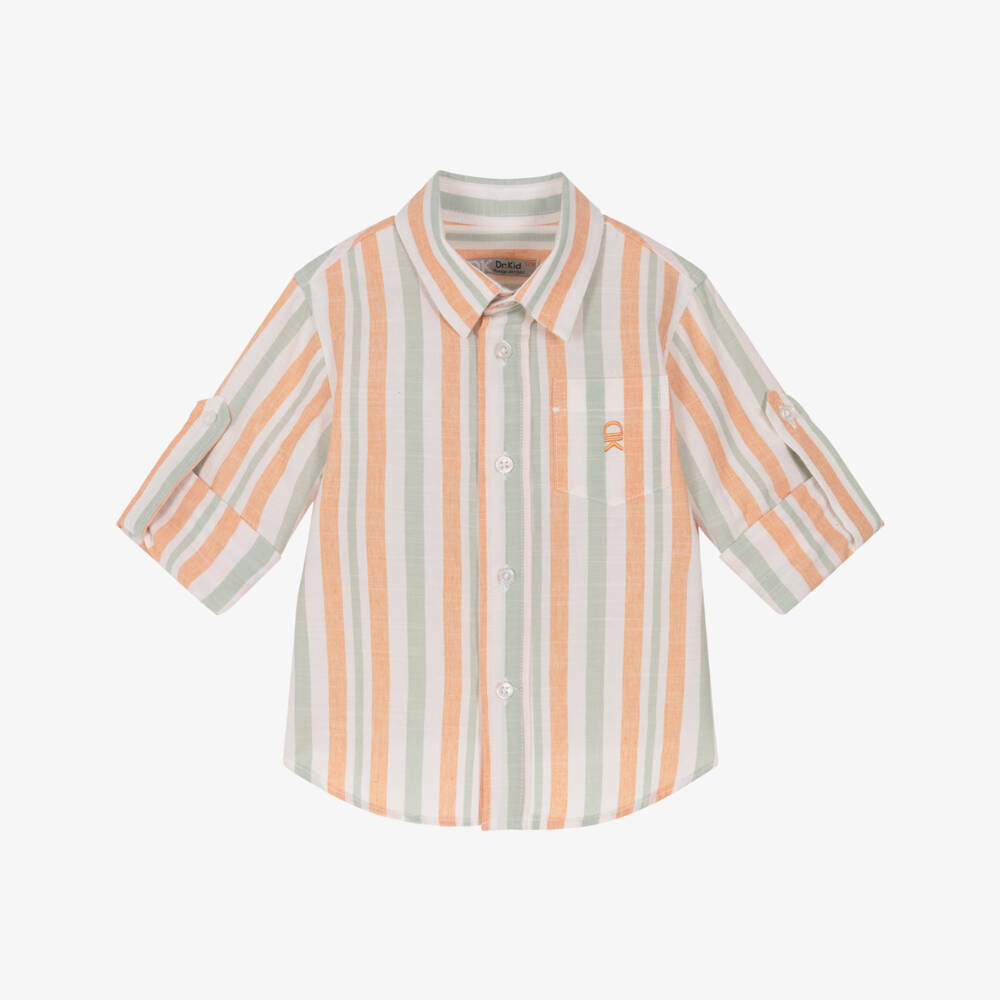 Dr. Kid-Junior Boys Orange & Green Striped Cotton Shirt | Childrensalon