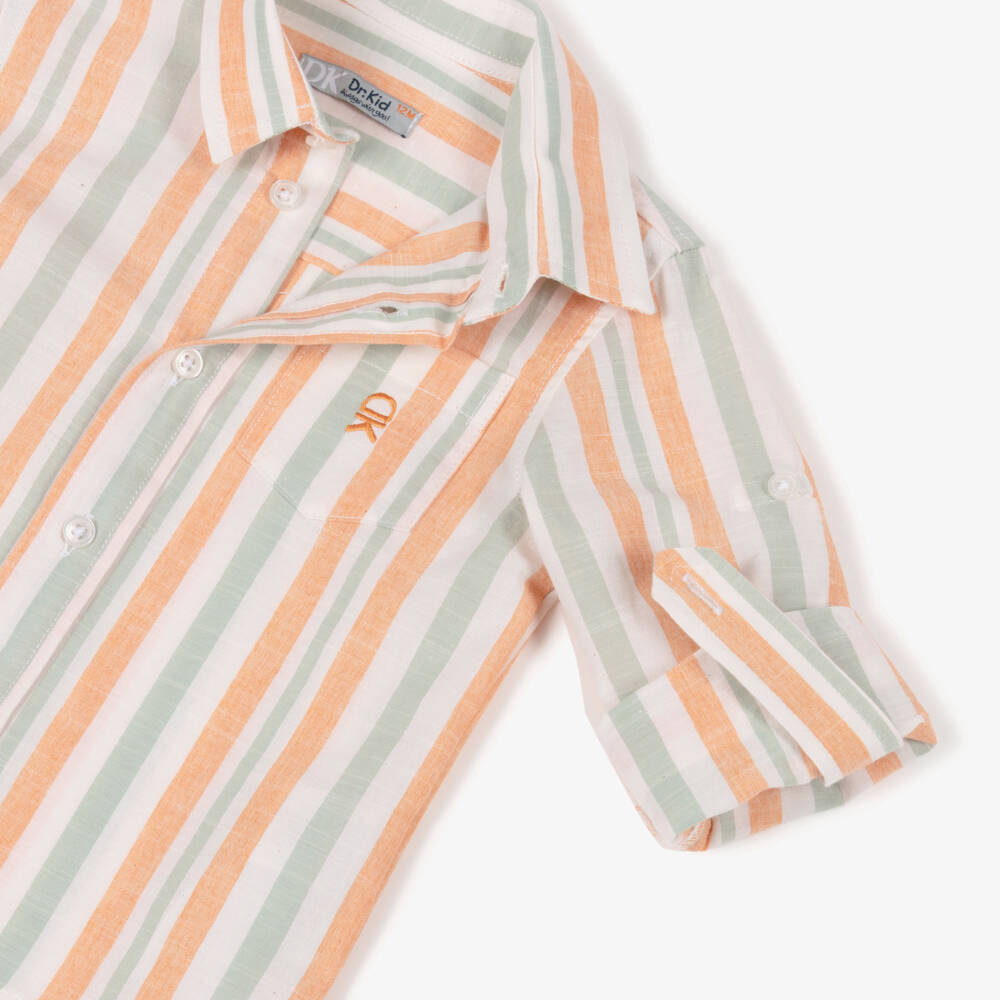 Dr. Kid-Junior Boys Orange & Green Striped Cotton Shirt | Childrensalon