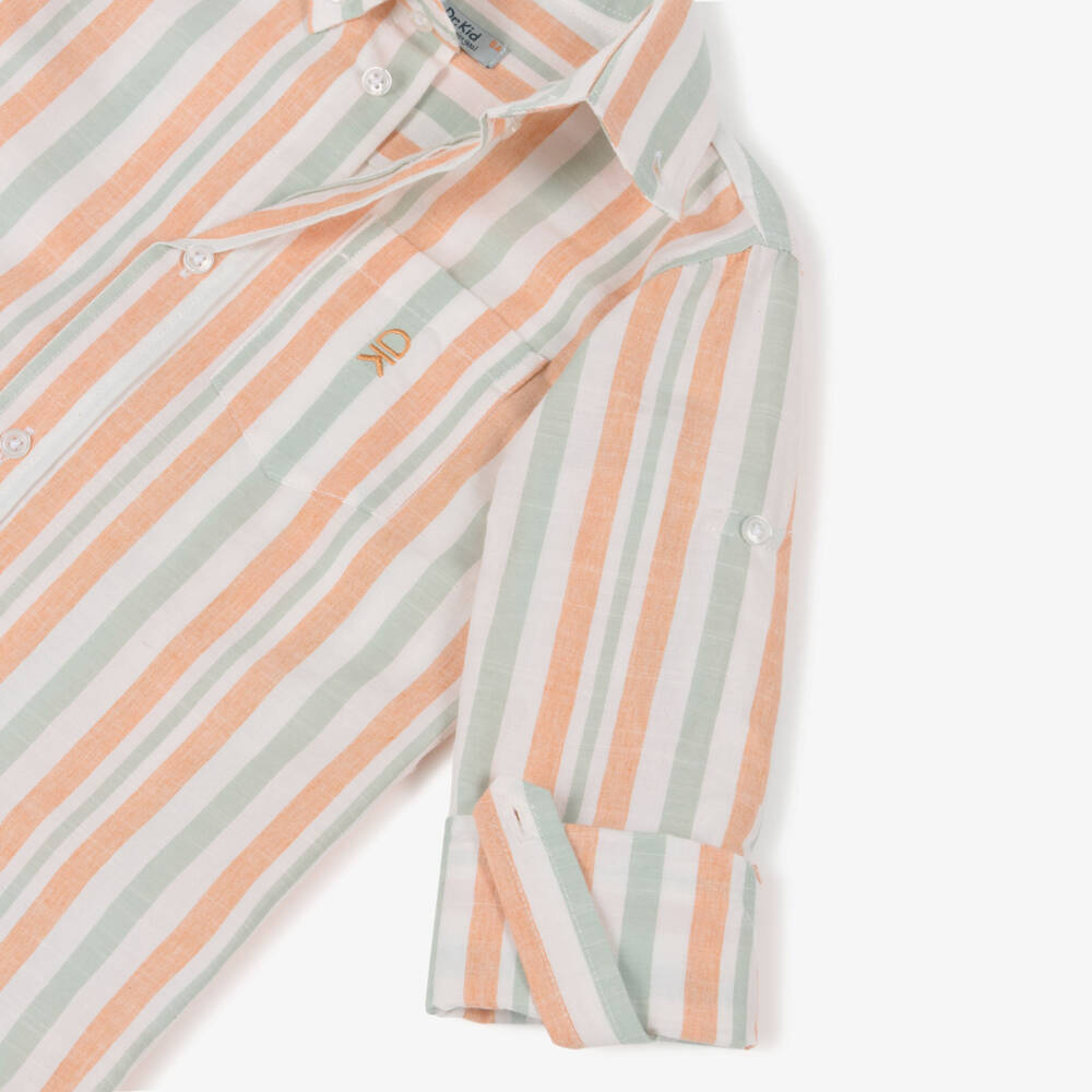 Dr. Kid-Junior Boys Peach Orange & Sage Green Stripe Cotton Shirt | Childrensalon