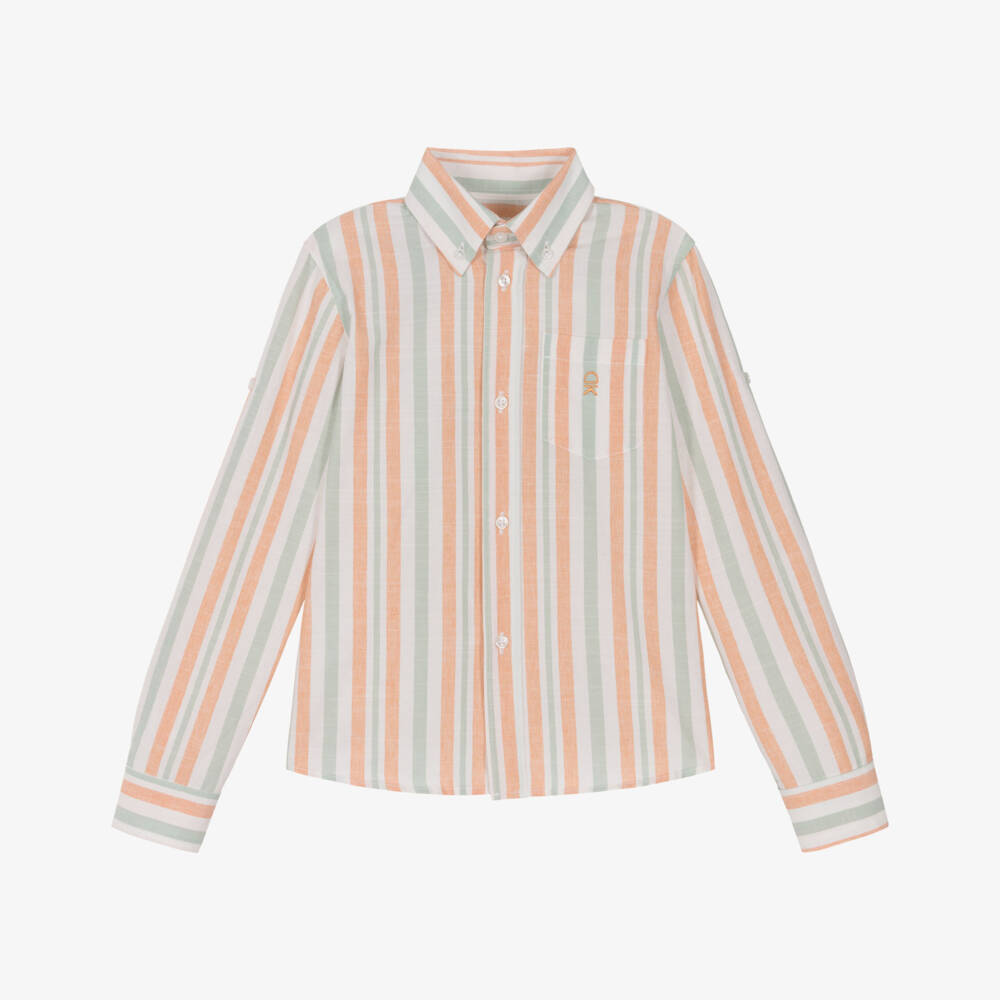 Dr. Kid-Junior Boys Peach Orange & Sage Green Stripe Cotton Shirt | Childrensalon