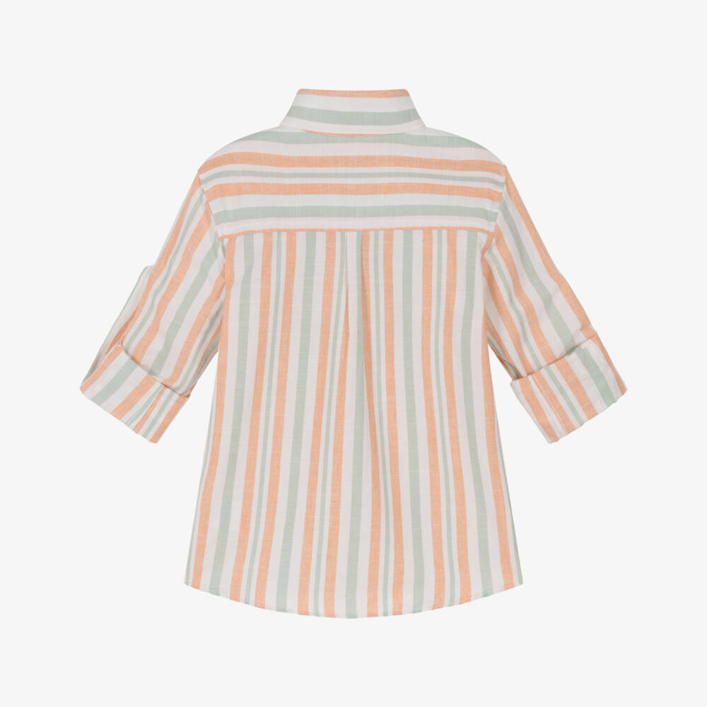 Dr. Kid-Junior Boys Peach Orange & Sage Green Stripe Cotton Shirt | Childrensalon