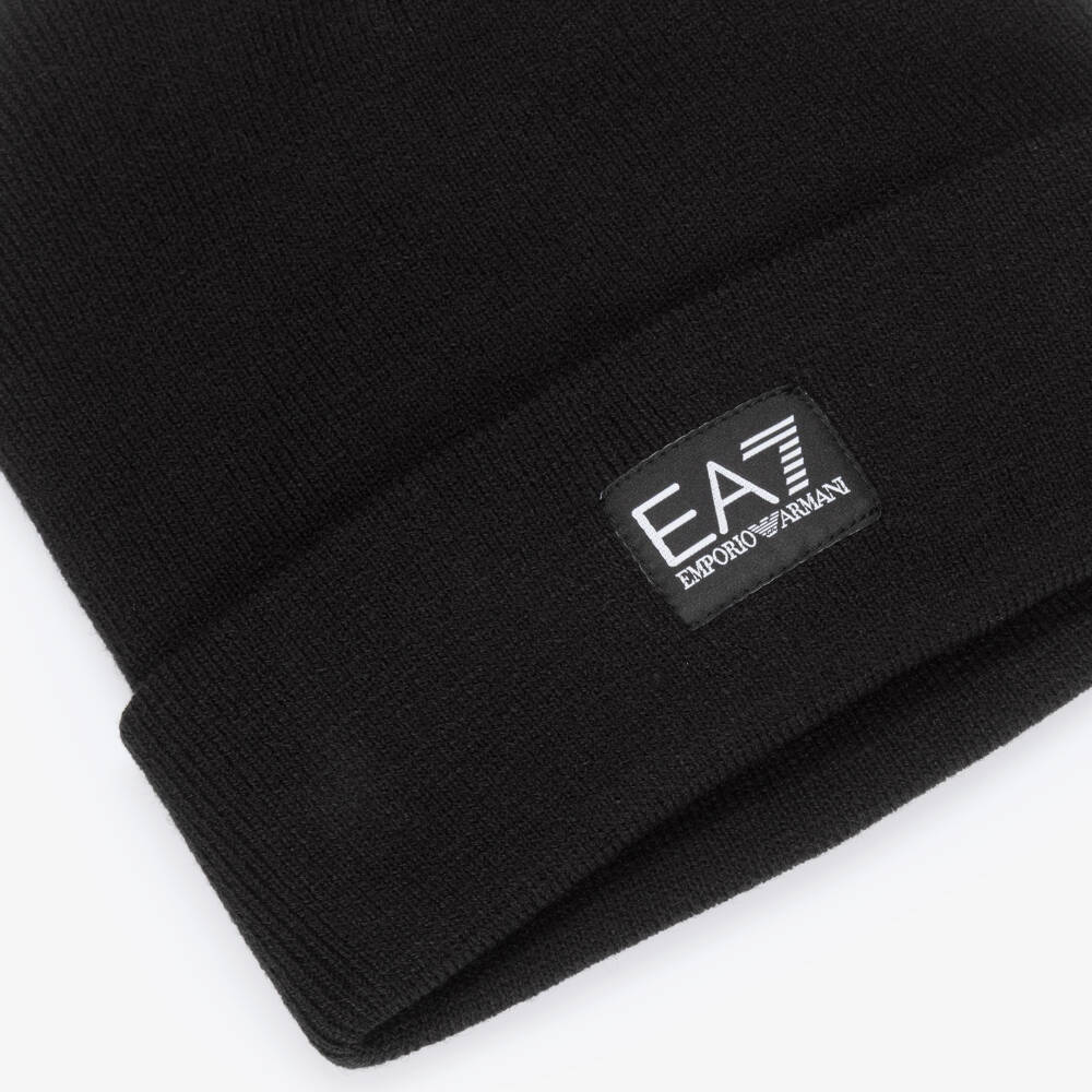 EA7 Emporio Armani-Black Knitted Beanie with Logo | Childrensalon