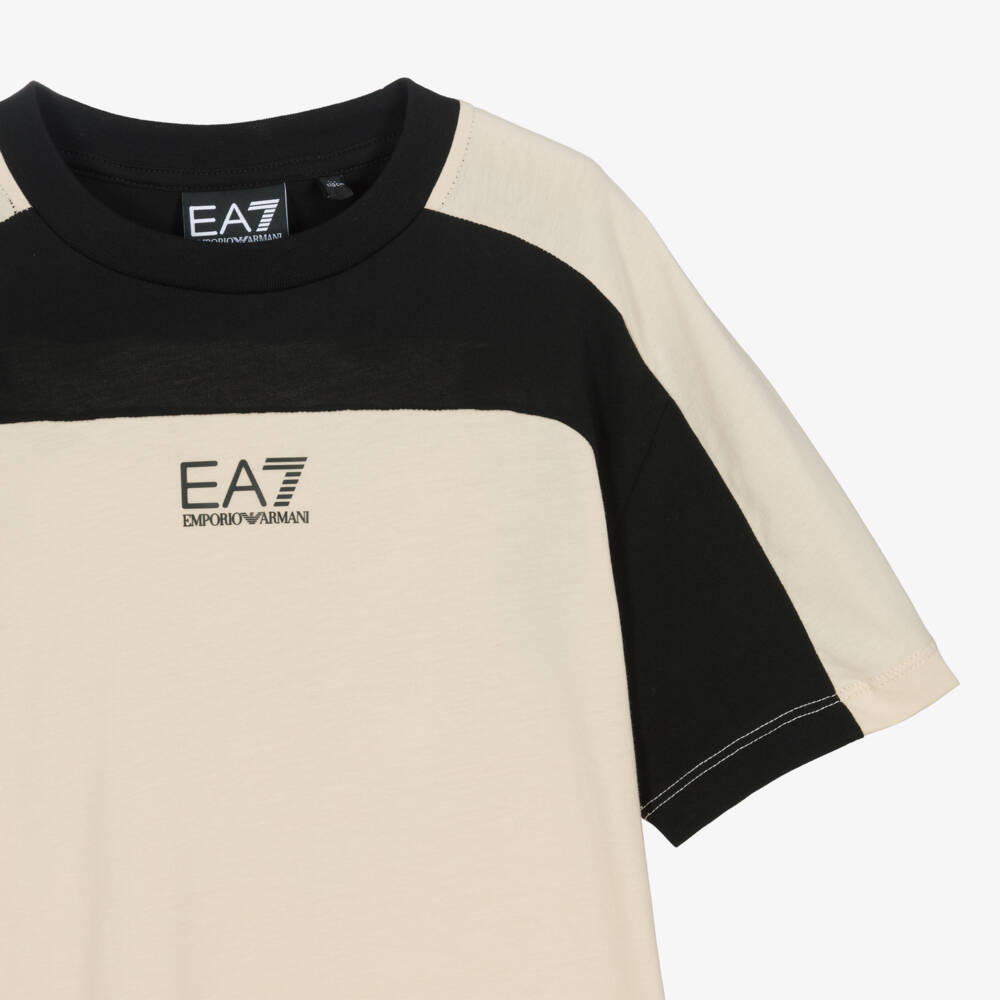 EA7 Emporio Armani-Boys Beige Cotton Jersey T-Shirt with Black Trim | Childrensalon