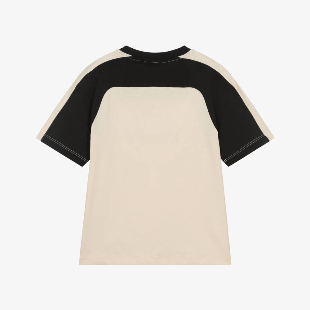 EA7 Emporio Armani-Boys Beige Cotton Jersey T-Shirt with Black Trim | Childrensalon