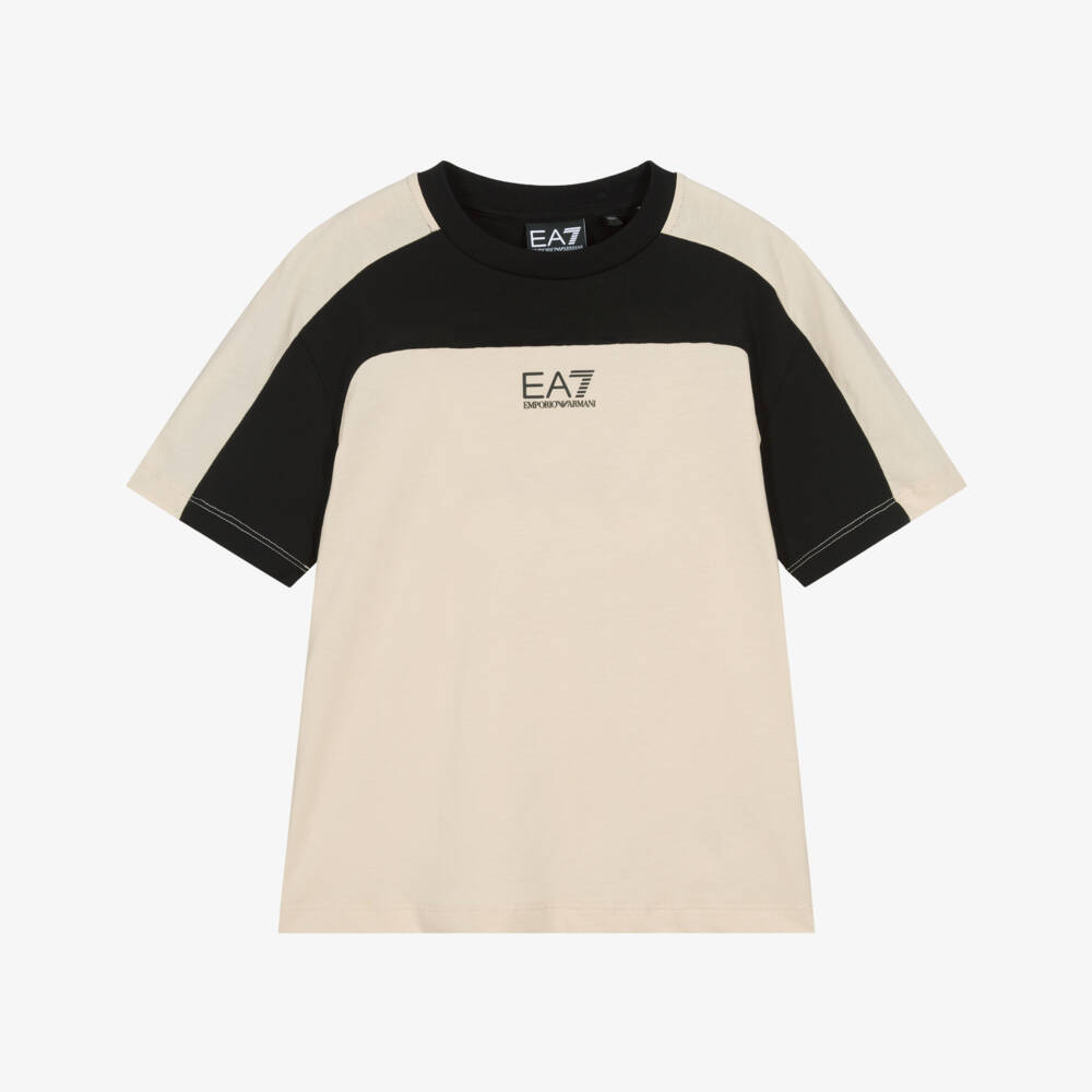 EA7 Emporio Armani-Boys Beige Cotton Jersey T-Shirt with Black Trim | Childrensalon