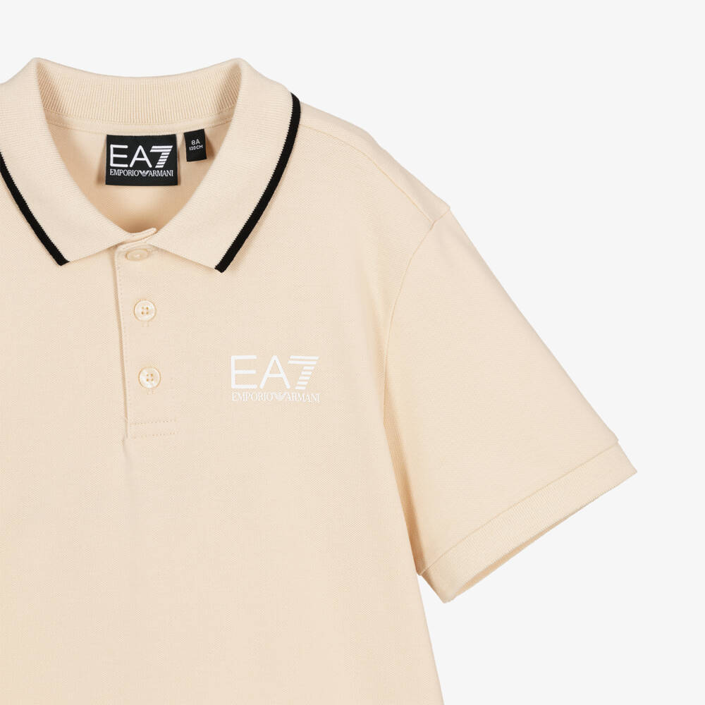 EA7 Emporio Armani-Boys Beige Cotton Piqué Polo Shirt with Logo Print | Childrensalon