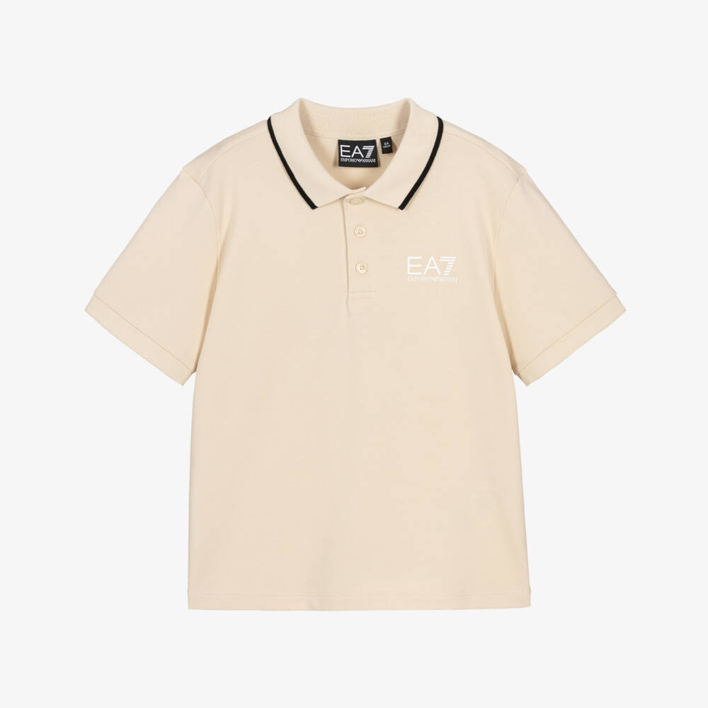 EA7 Emporio Armani-Boys Beige Cotton Piqué Polo Shirt with Logo Print | Childrensalon