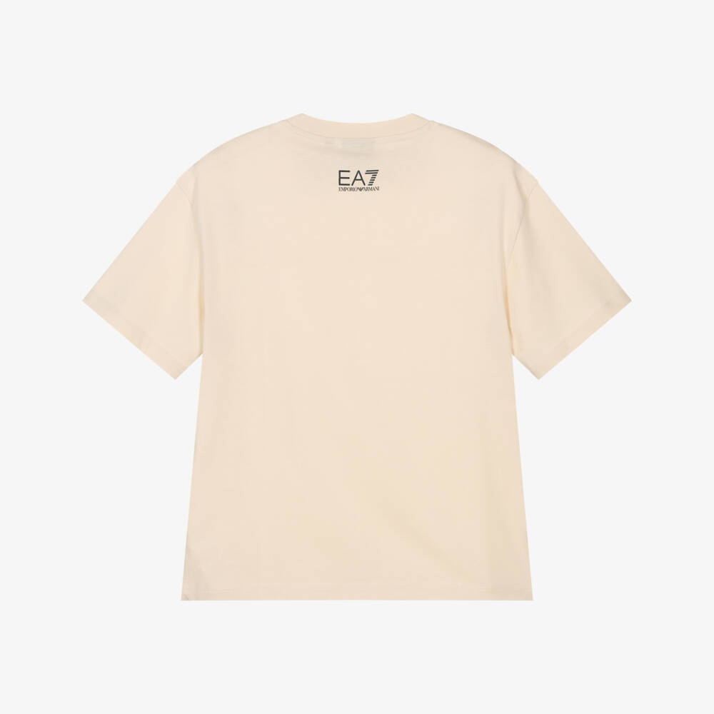 EA7 Emporio Armani-Boys Beige Cotton T-Shirt with Striped Red Logo | Childrensalon
