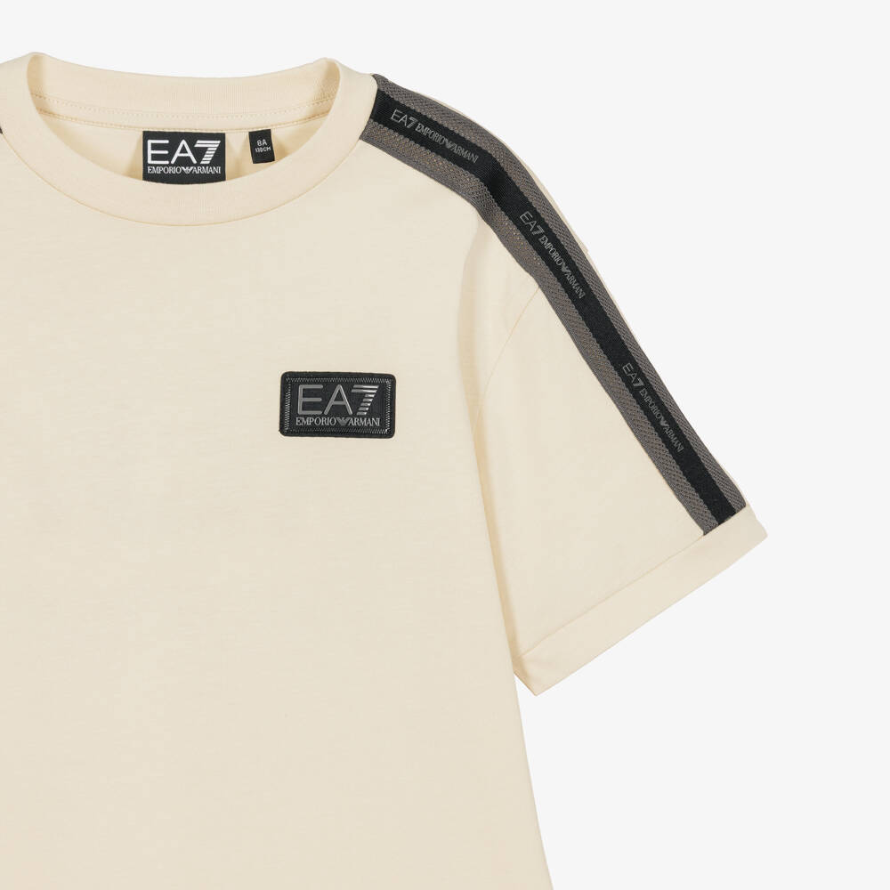 EA7 Emporio Armani-Boys Beige Logo Tape Cotton T-Shirt | Childrensalon
