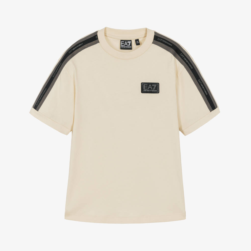 EA7 Emporio Armani-Boys Beige Logo Tape Cotton T-Shirt | Childrensalon