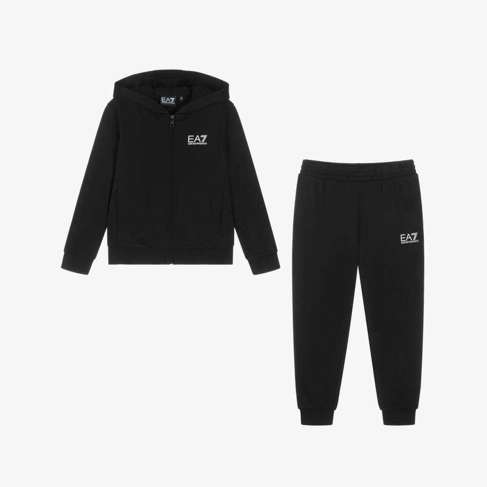 EA7 Emporio Armani-بدلة رياضية بغطاء رأس قطن لون أسود للأولاد | Childrensalon