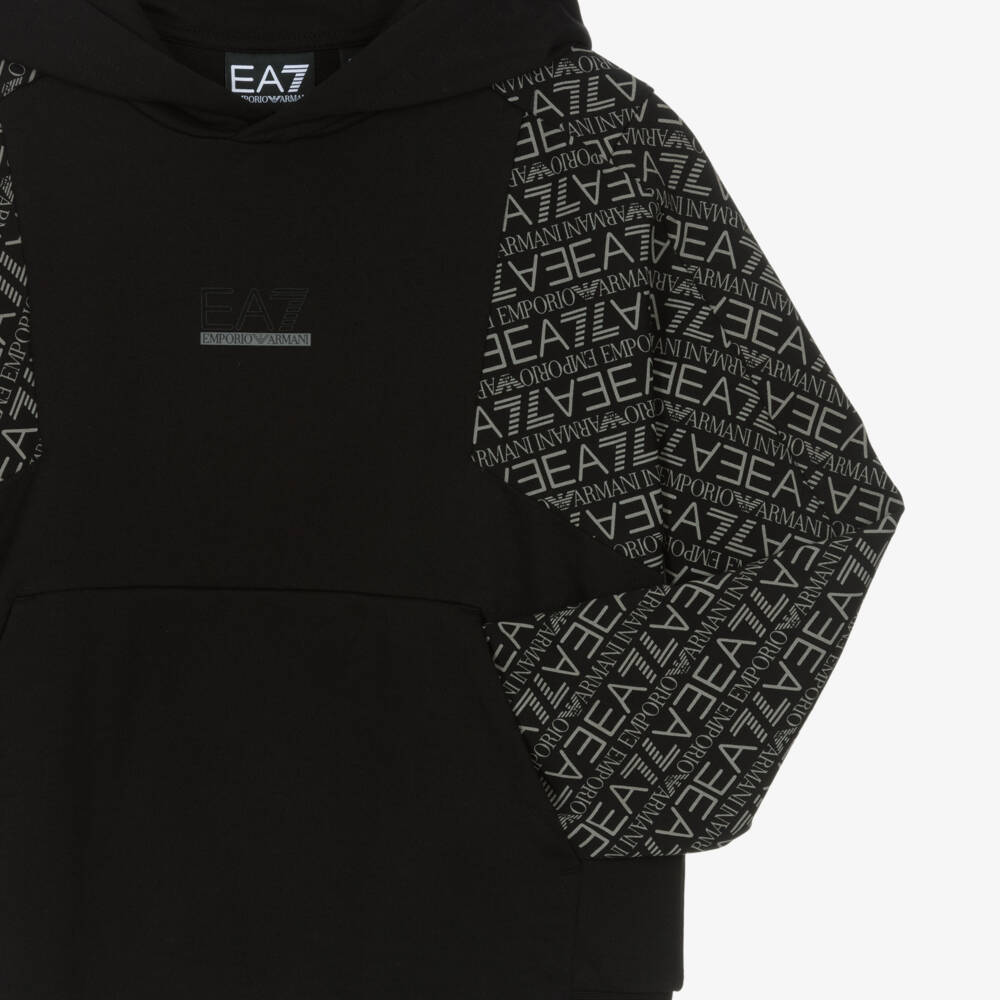 EA7 Emporio Armani-Boys Black Cotton Hoodie with Logo Sleeves | Childrensalon