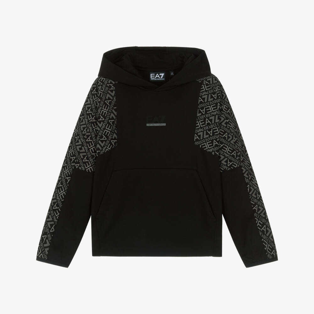 EA7 Emporio Armani-Boys Black Cotton Hoodie with Logo Sleeves | Childrensalon