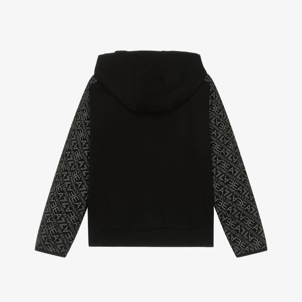 EA7 Emporio Armani-Boys Black Cotton Hoodie with Logo Sleeves | Childrensalon