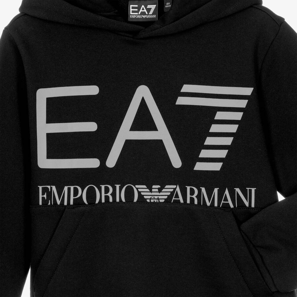 EA7 Emporio Armani-Boys Black Cotton Hoodie with Oversized Logo | Childrensalon