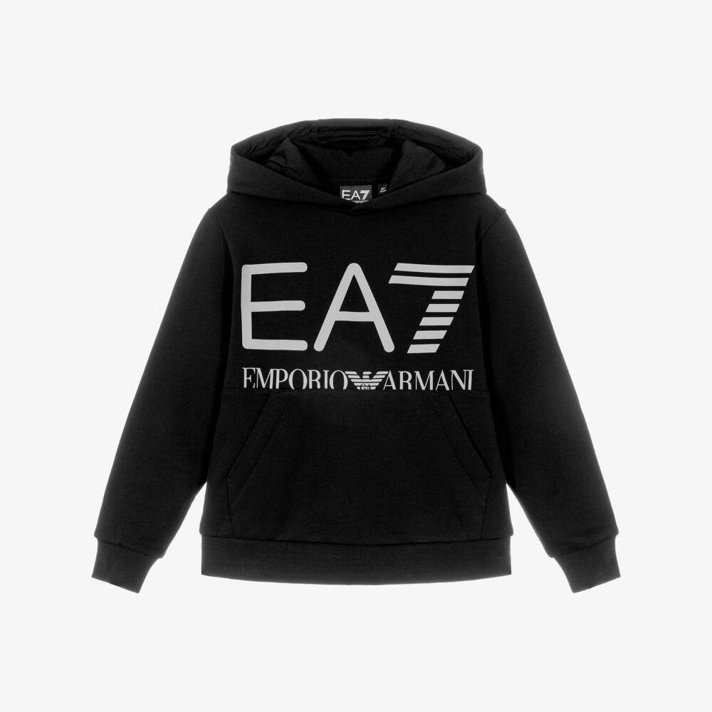 EA7 Emporio Armani-Boys Black Cotton Hoodie with Oversized Logo | Childrensalon
