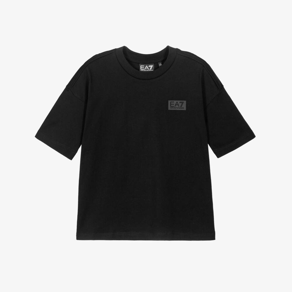 EA7 Emporio Armani-Boys Black Cotton Jersey Logo T-Shirt | Childrensalon