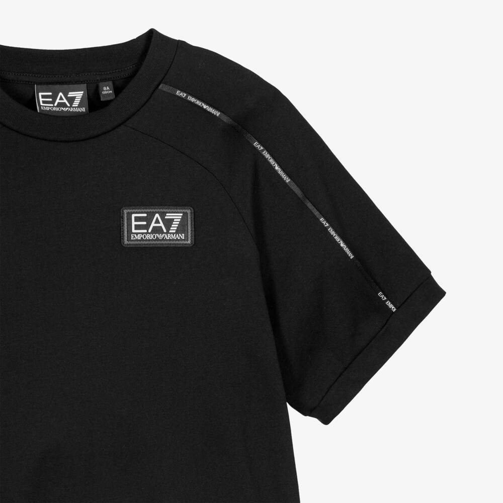 EA7 Emporio Armani-Boys Black Cotton Logo Tape T-Shirt | Childrensalon