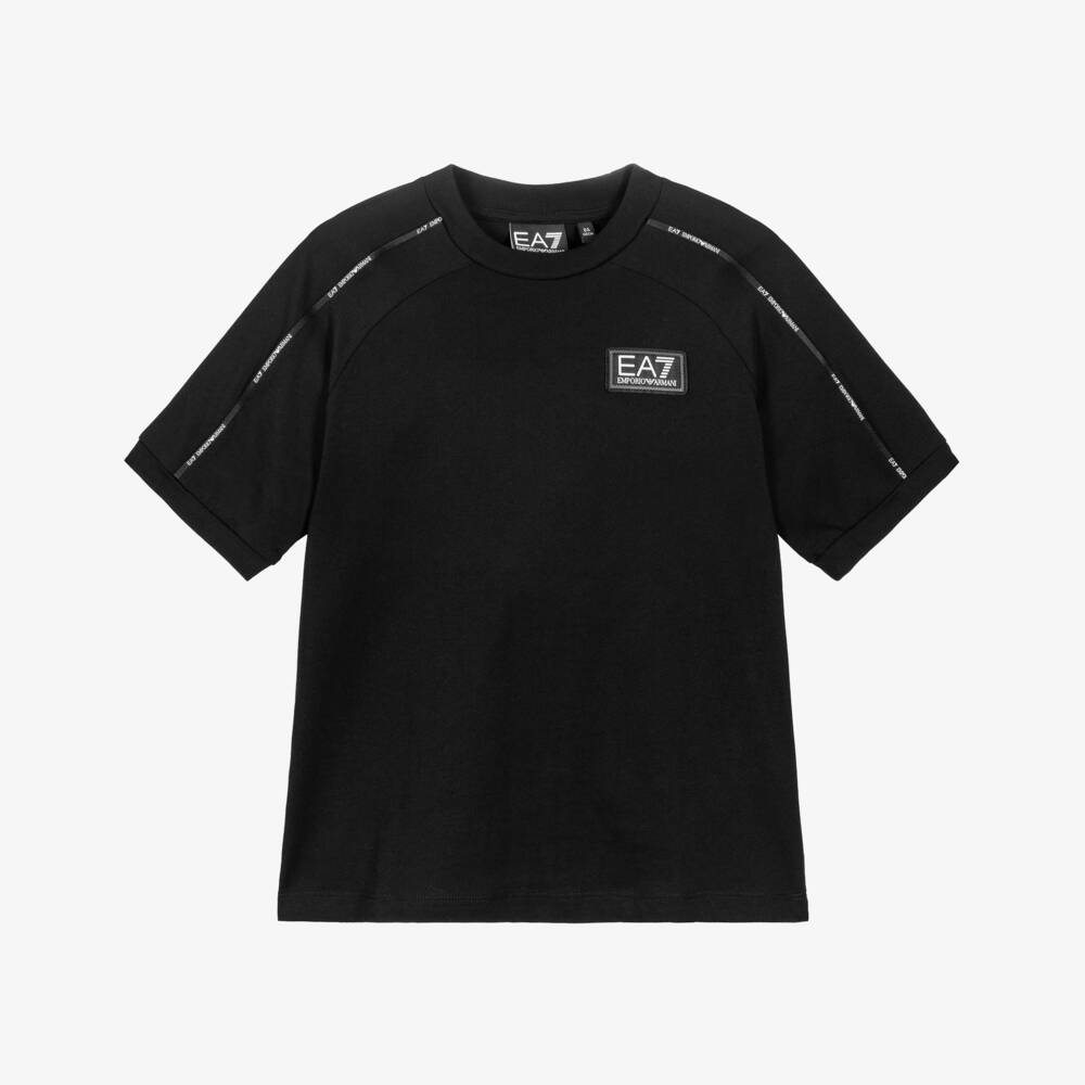 EA7 Emporio Armani-Boys Black Cotton Logo Tape T-Shirt | Childrensalon