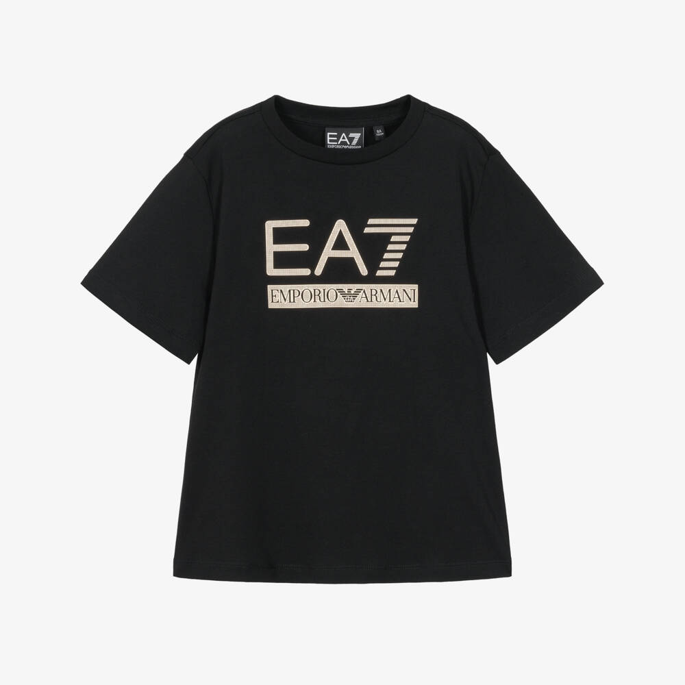 EA7 Emporio Armani-Boys Black Cotton T-Shirt with Gold EA7 Logo | Childrensalon