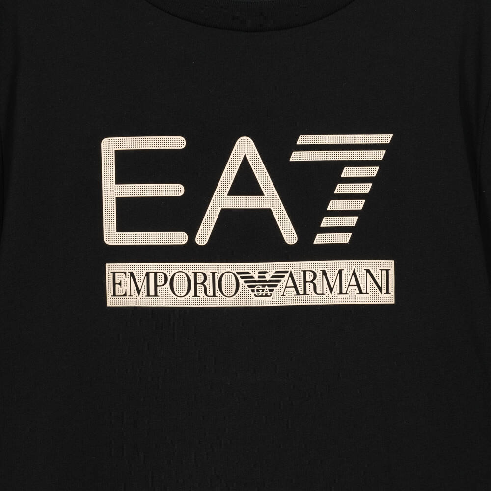 EA7 Emporio Armani-Boys Black Cotton T-Shirt with Gold EA7 Logo | Childrensalon
