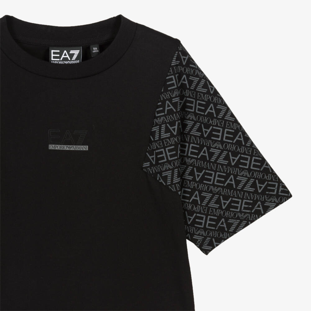EA7 Emporio Armani-Boys Black Cotton T-Shirt with Logo Sleeves | Childrensalon