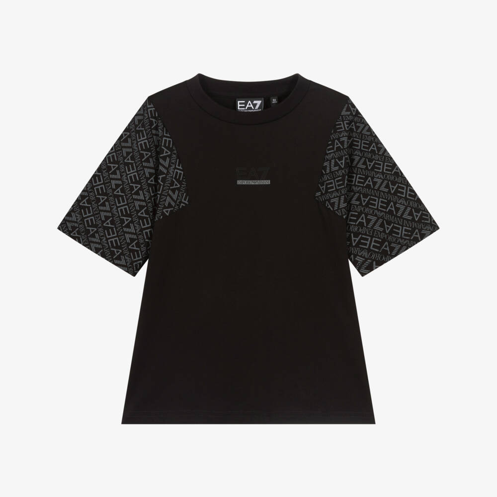 EA7 Emporio Armani-Boys Black Cotton T-Shirt with Logo Sleeves | Childrensalon