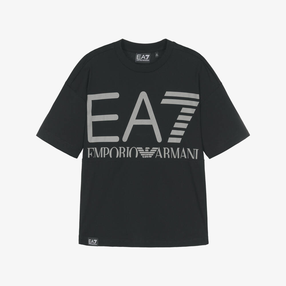 EA7 Emporio Armani-Boys Black Cotton T-Shirt with Oversized EA7 Logo | Childrensalon