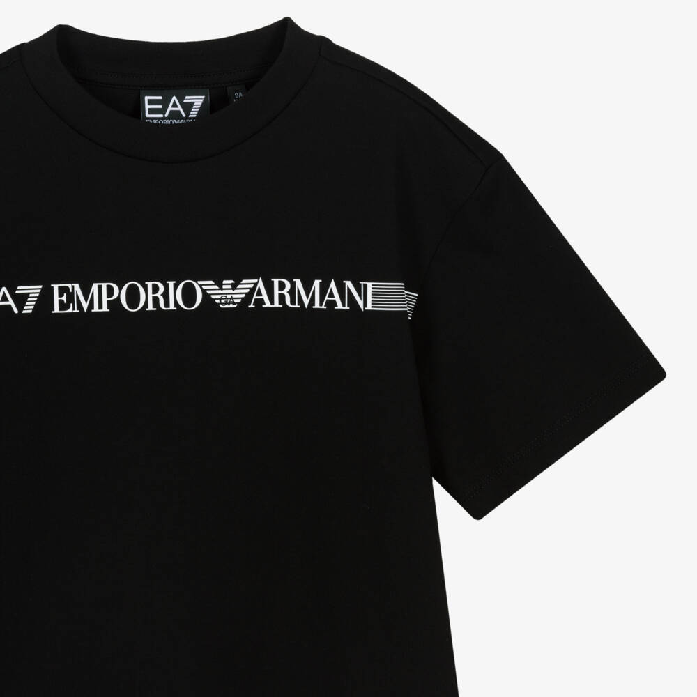 EA7 Emporio Armani-Boys Black Cotton T-Shirt with Striped White Logo | Childrensalon