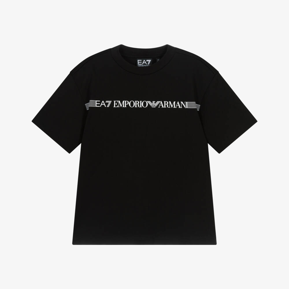 EA7 Emporio Armani-Boys Black Cotton T-Shirt with Striped White Logo | Childrensalon