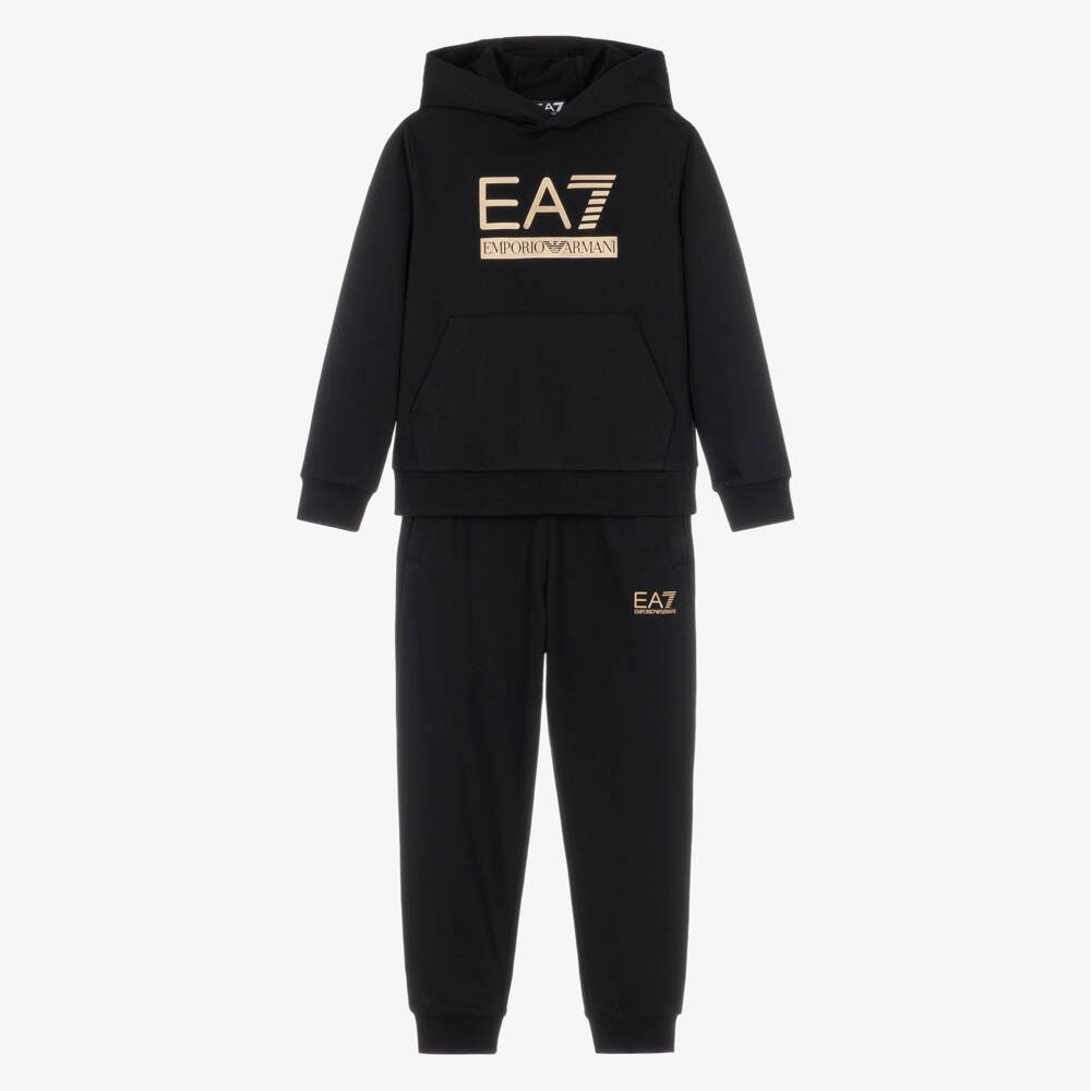 EA7 Emporio Armani-Boys Black Cotton Tracksuit with Gold Logo | Childrensalon