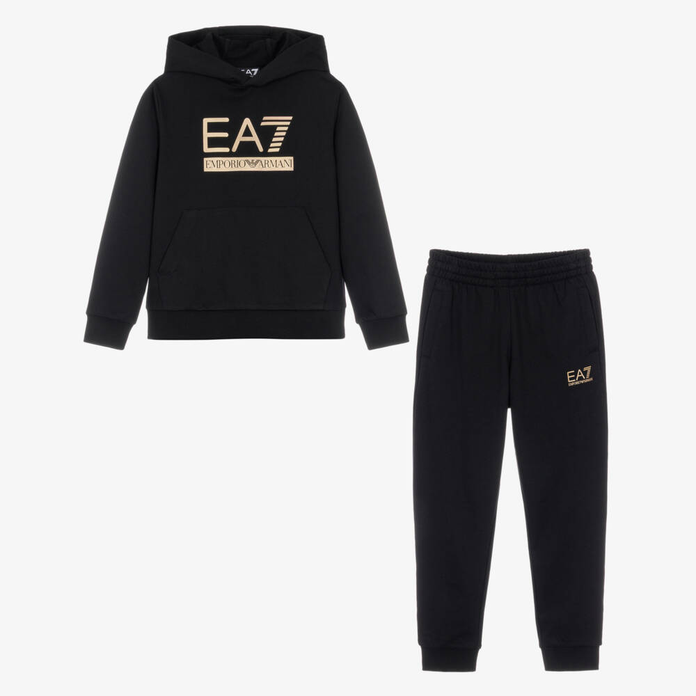EA7 Emporio Armani-Boys Black Cotton Tracksuit with Gold Logo | Childrensalon