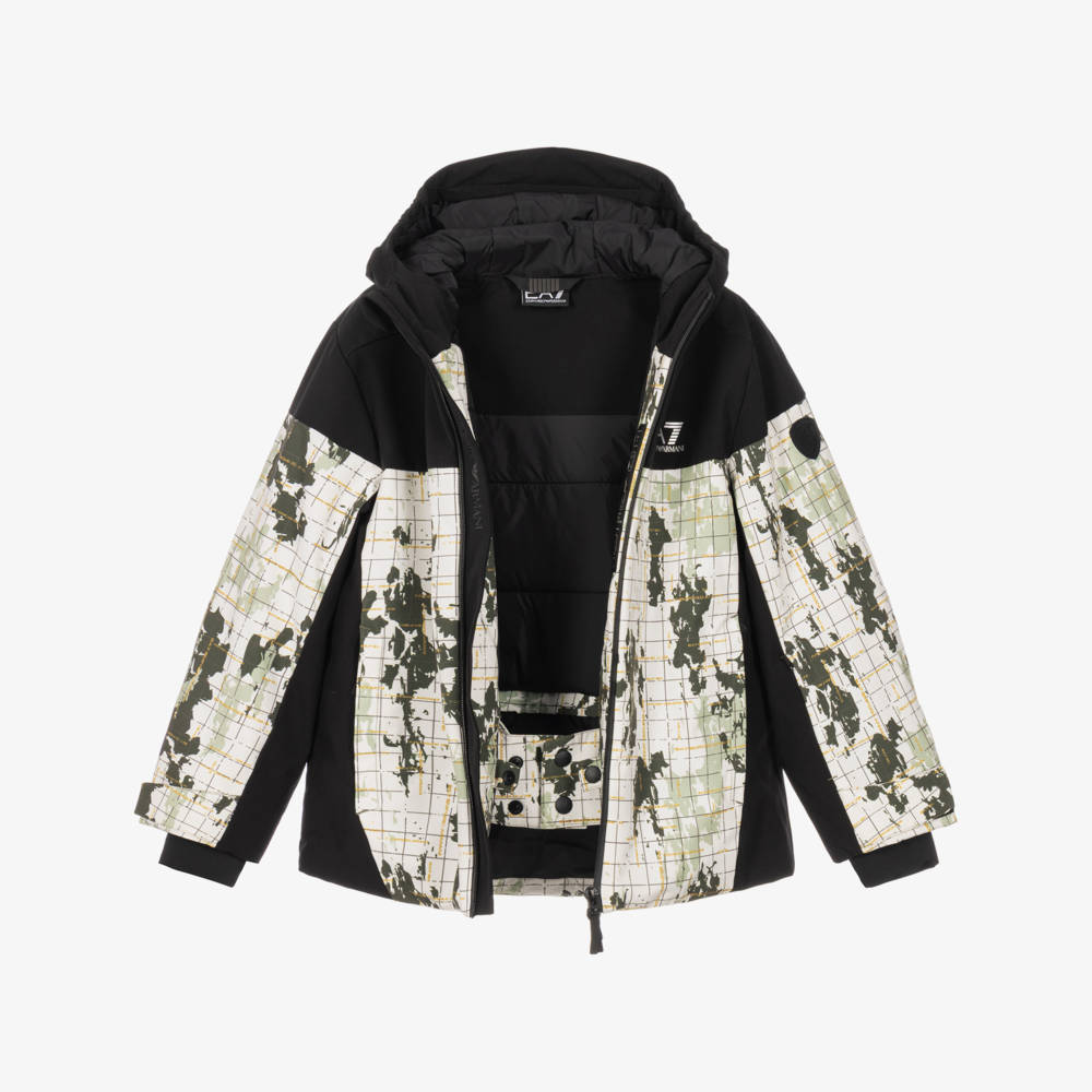 EA7 Emporio Armani-Boys Black & Green Camouflage Logo Technical Ski Jacket | Childrensalon