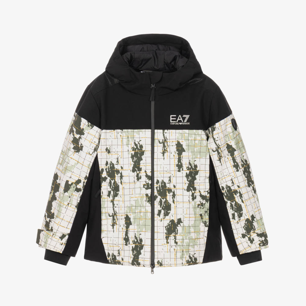 EA7 Emporio Armani-Boys Black & Green Camouflage Logo Technical Ski Jacket | Childrensalon