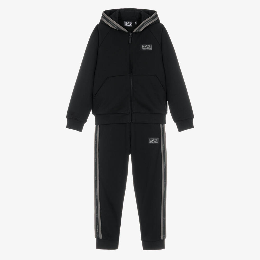 EA7 Emporio Armani-Boys Black Jersey Tracksuit with EA7 Logo Tape | Childrensalon