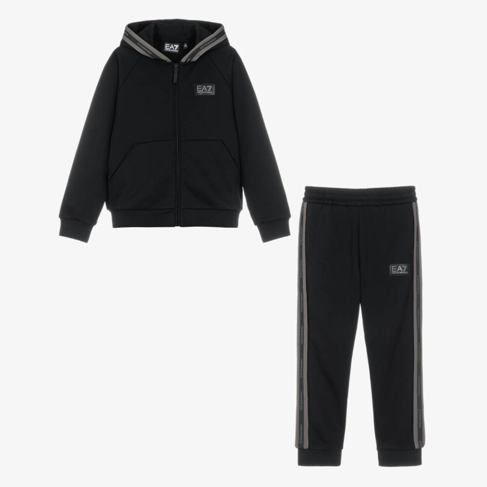 EA7 Emporio Armani-Boys Black Jersey Tracksuit with EA7 Logo Tape | Childrensalon