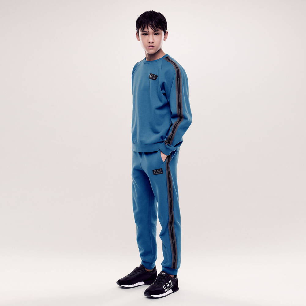 EA7 Emporio Armani-Boys Blue Brushback Jersey Joggers with | Childrensalon