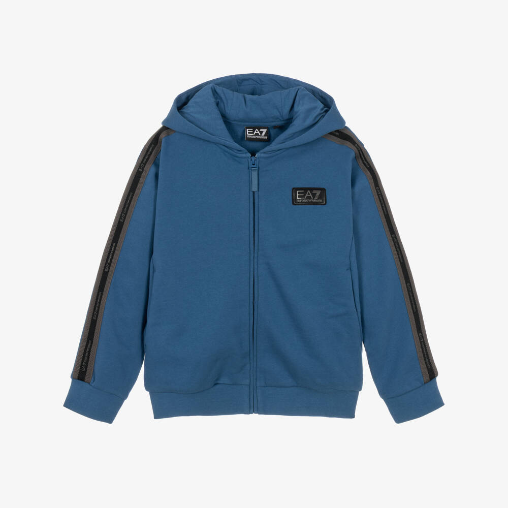 EA7 Emporio Armani-Boys Blue Brushback Jersey Zip-Up Hoodie | Childrensalon
