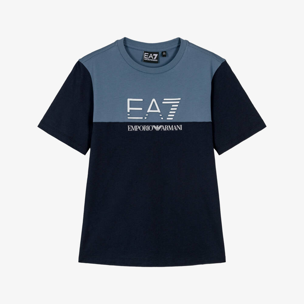 EA7 Emporio Armani-Boys Blue Colourblock Cotton T-Shirt | Childrensalon